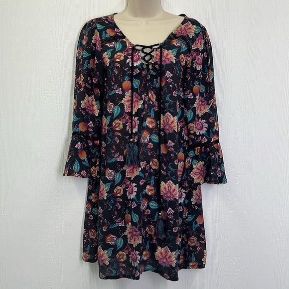 Nanette Lepore - Bright Floral Viscose Lace Up Long Sleeve Mini Dress Size Small - Picture 3 of 12